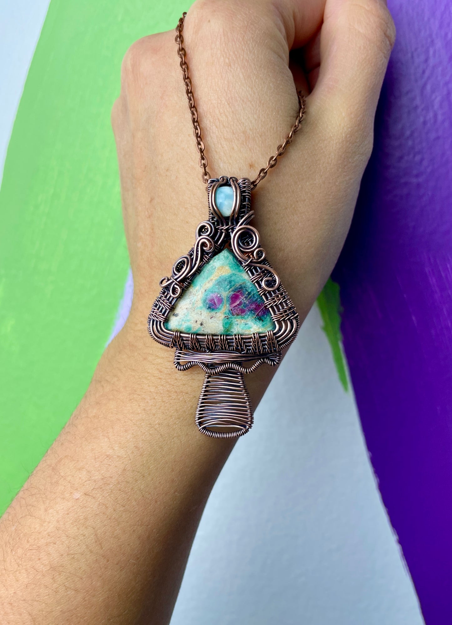 Ruby In Fuchsite & Larimar Mushroom Necklace in Antique Copper
