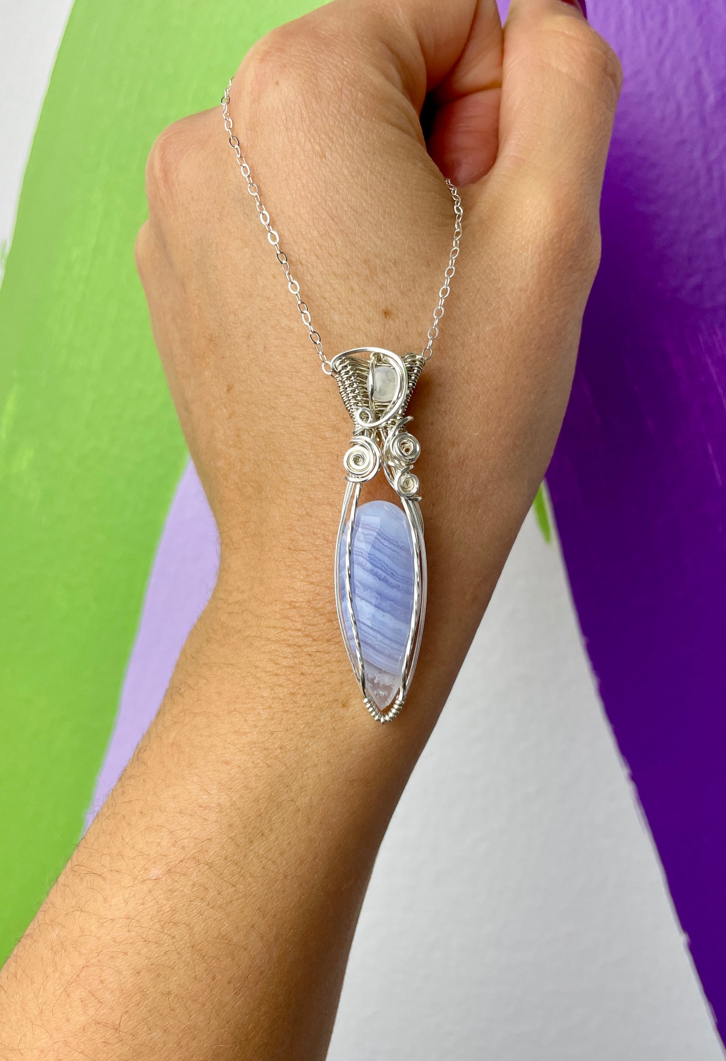 Blue Lace Agate & Moonstone Fairy Dagger: Sterling Silver Necklace