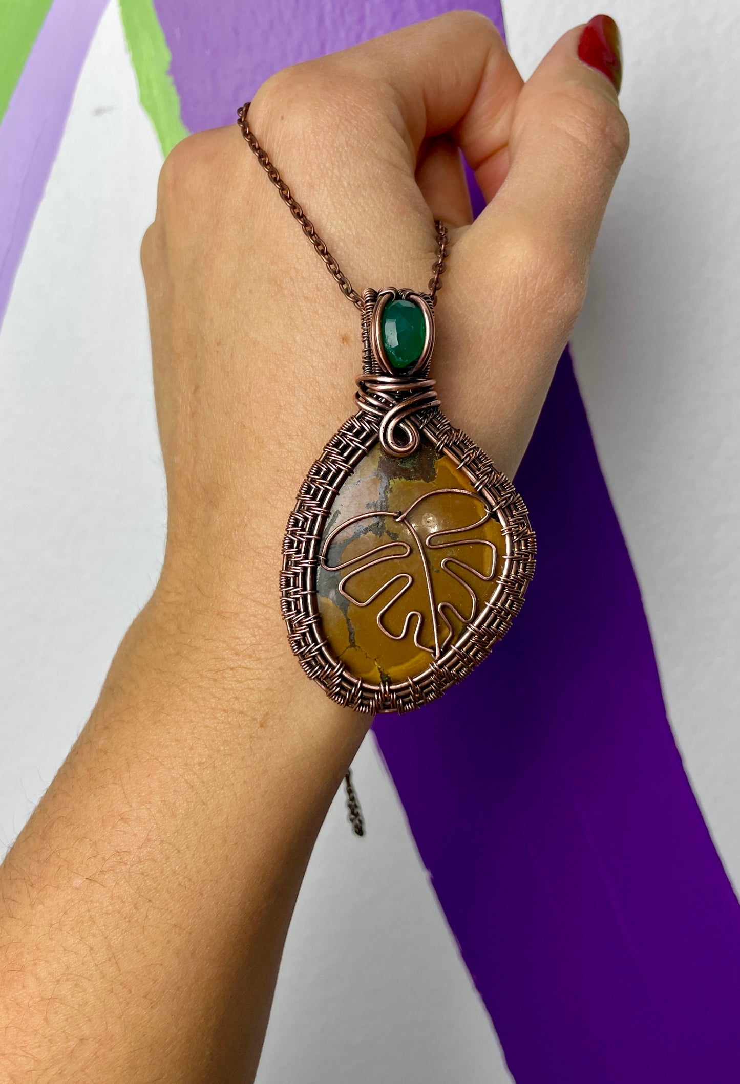 Tiger's Obsidian & Chalcedony Monstera Leaf Necklace in Antique Copper