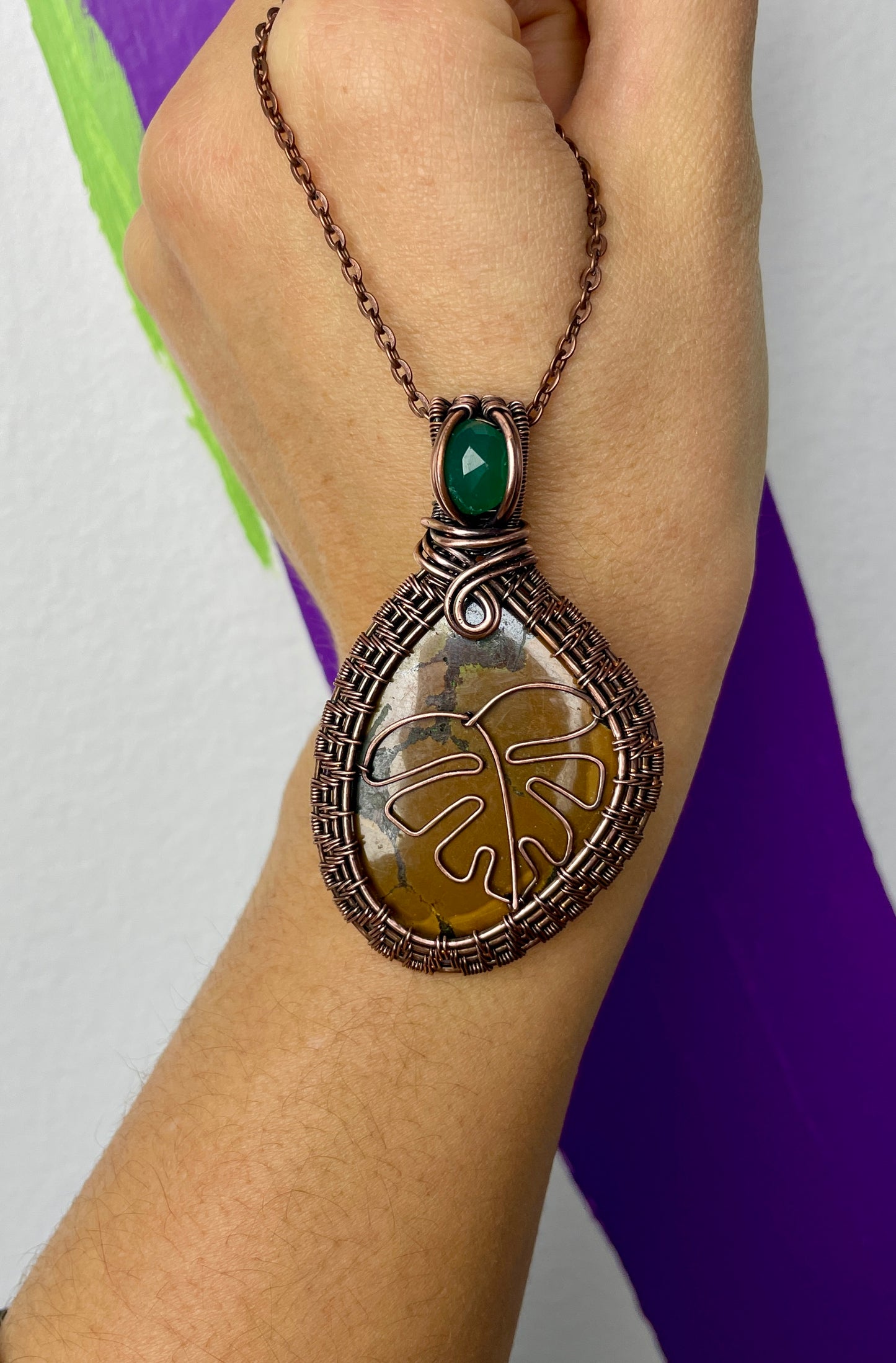 Tiger's Obsidian & Chalcedony Monstera Leaf Necklace in Antique Copper