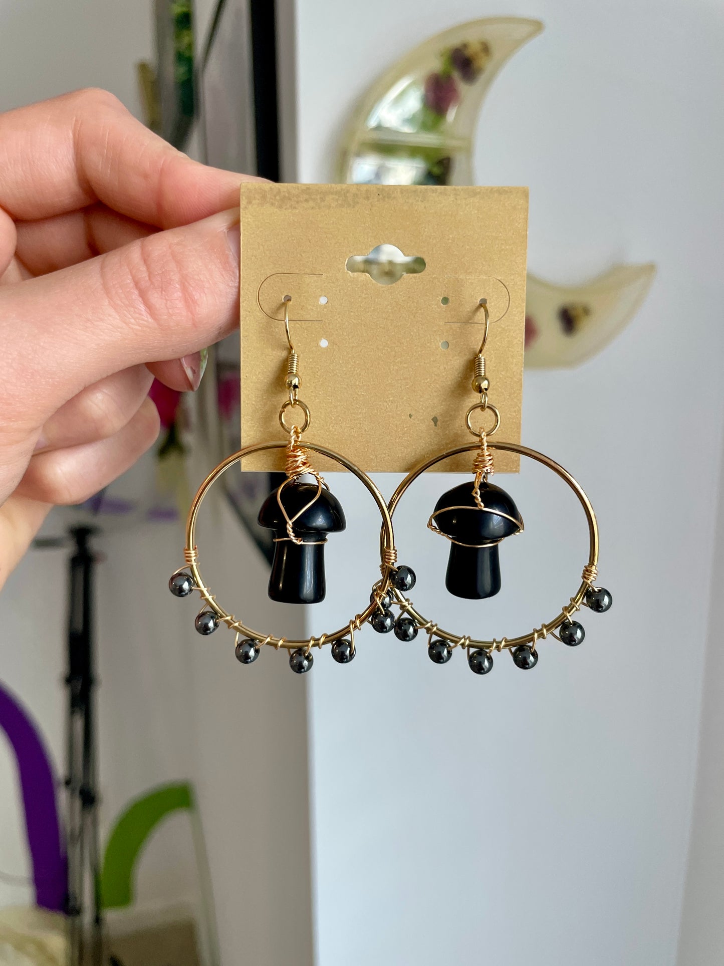 Golden Gemstone Mushroom Earrings
