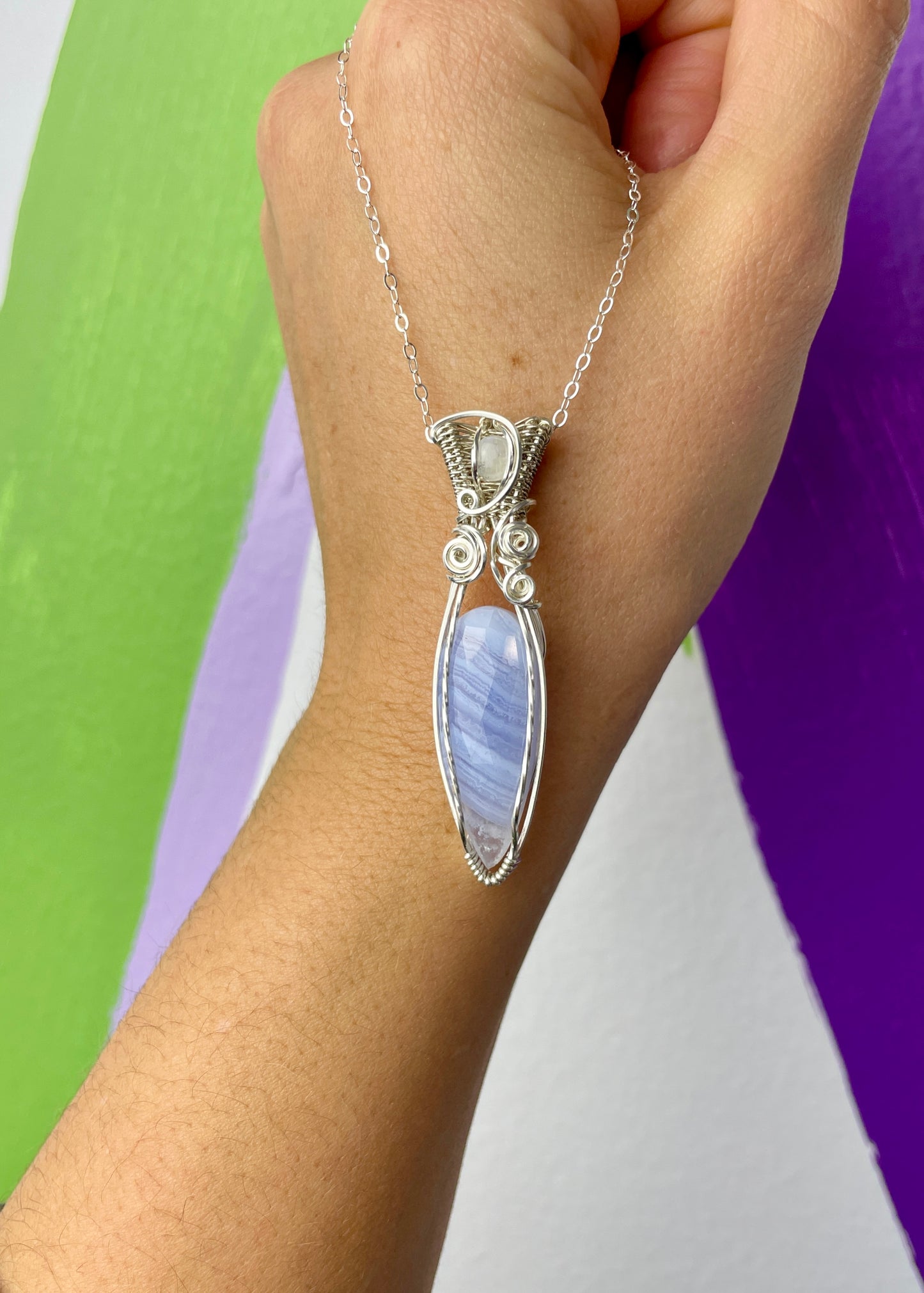 Blue Lace Agate & Moonstone Fairy Dagger: Sterling Silver Necklace