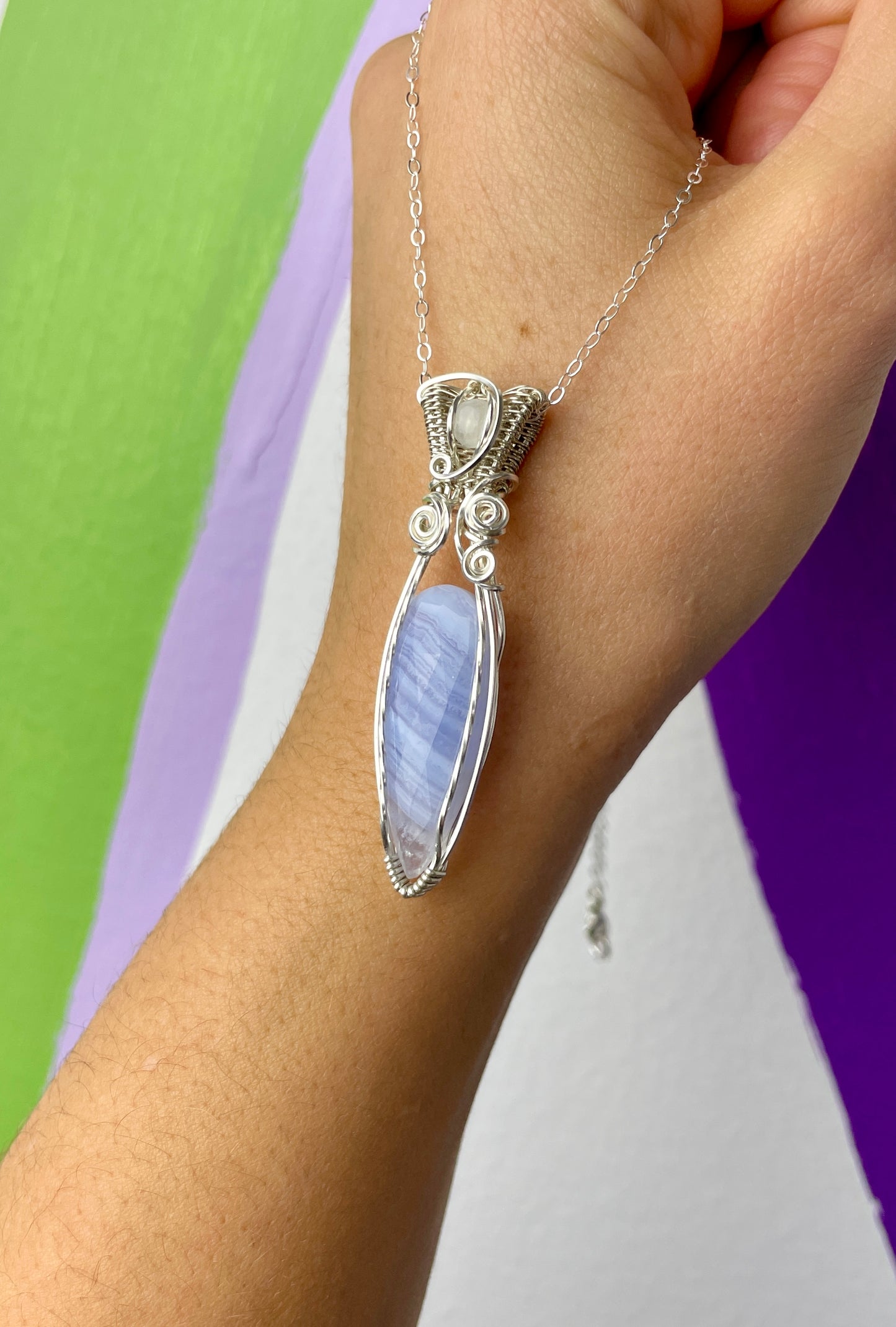 Blue Lace Agate & Moonstone Fairy Dagger: Sterling Silver Necklace