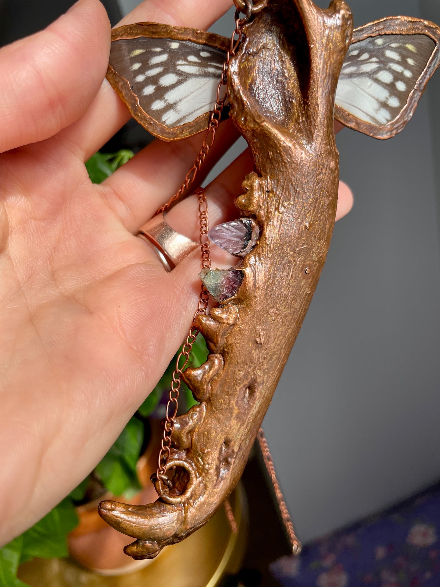 "As Above So Below" Necklace with Coyote Jaw, Tourmaline, Amethyst, and Butterfly Wings