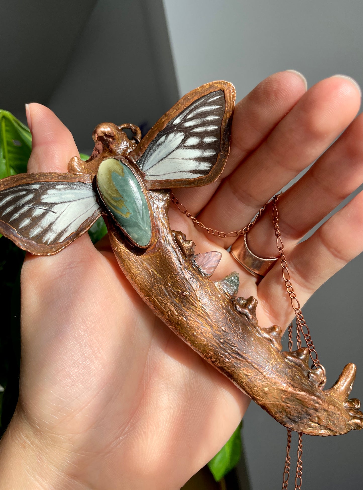 "As Above So Below" Necklace with Coyote Jaw, Tourmaline, Amethyst, and Butterfly Wings