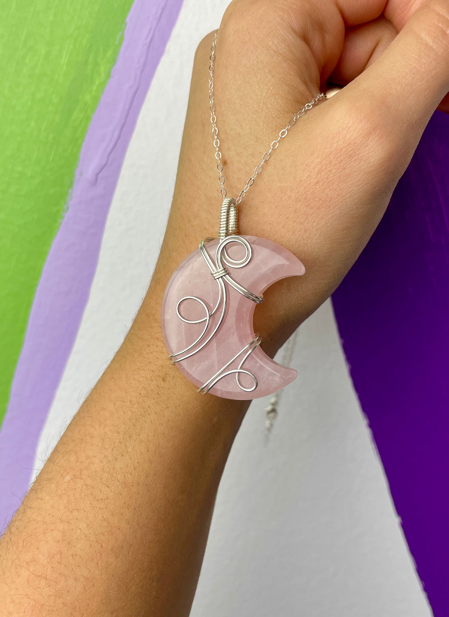 Rose Quartz Crescent Moon: Sterling Silver Necklace