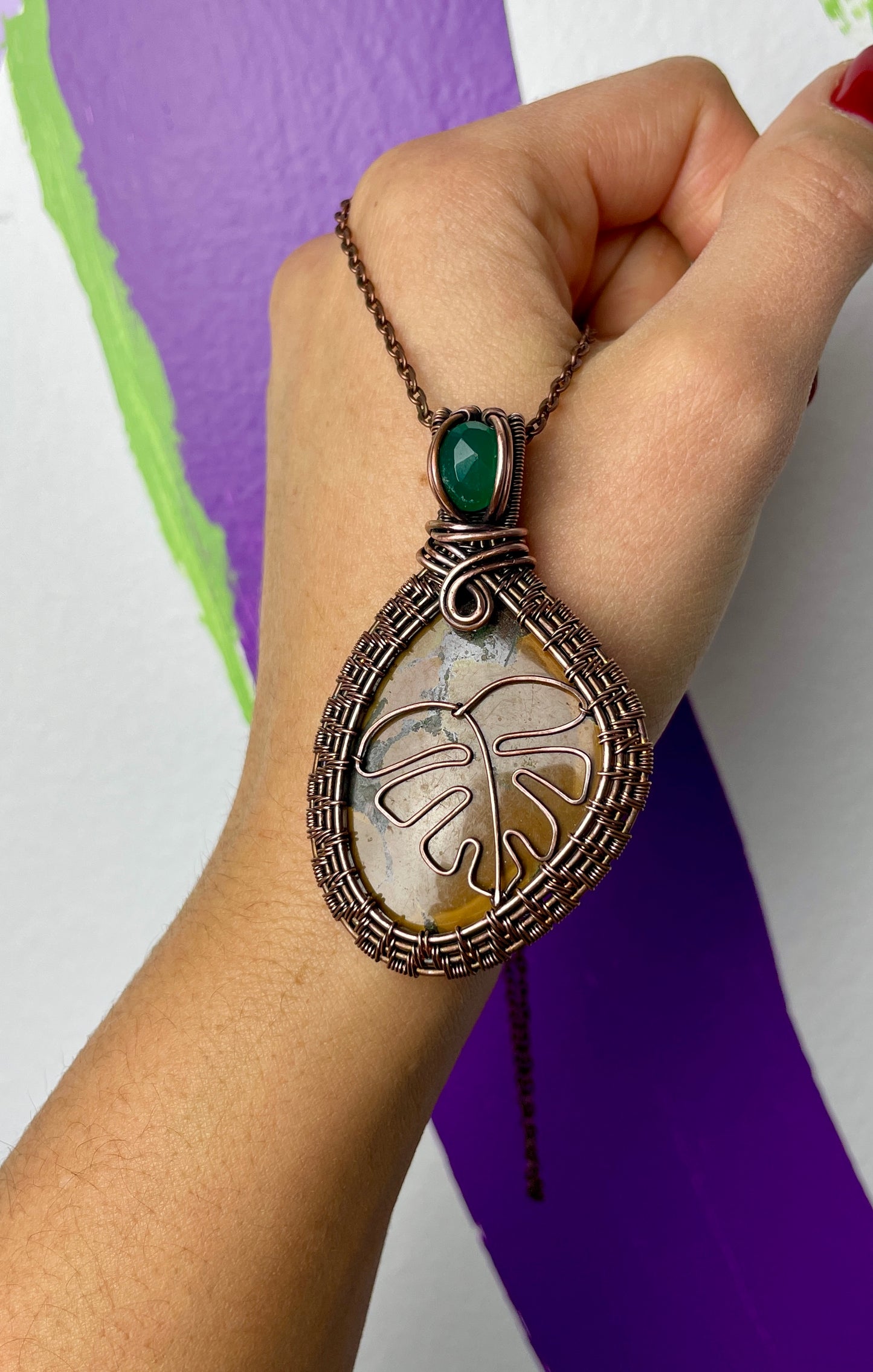 Tiger's Obsidian & Chalcedony Monstera Leaf Necklace in Antique Copper