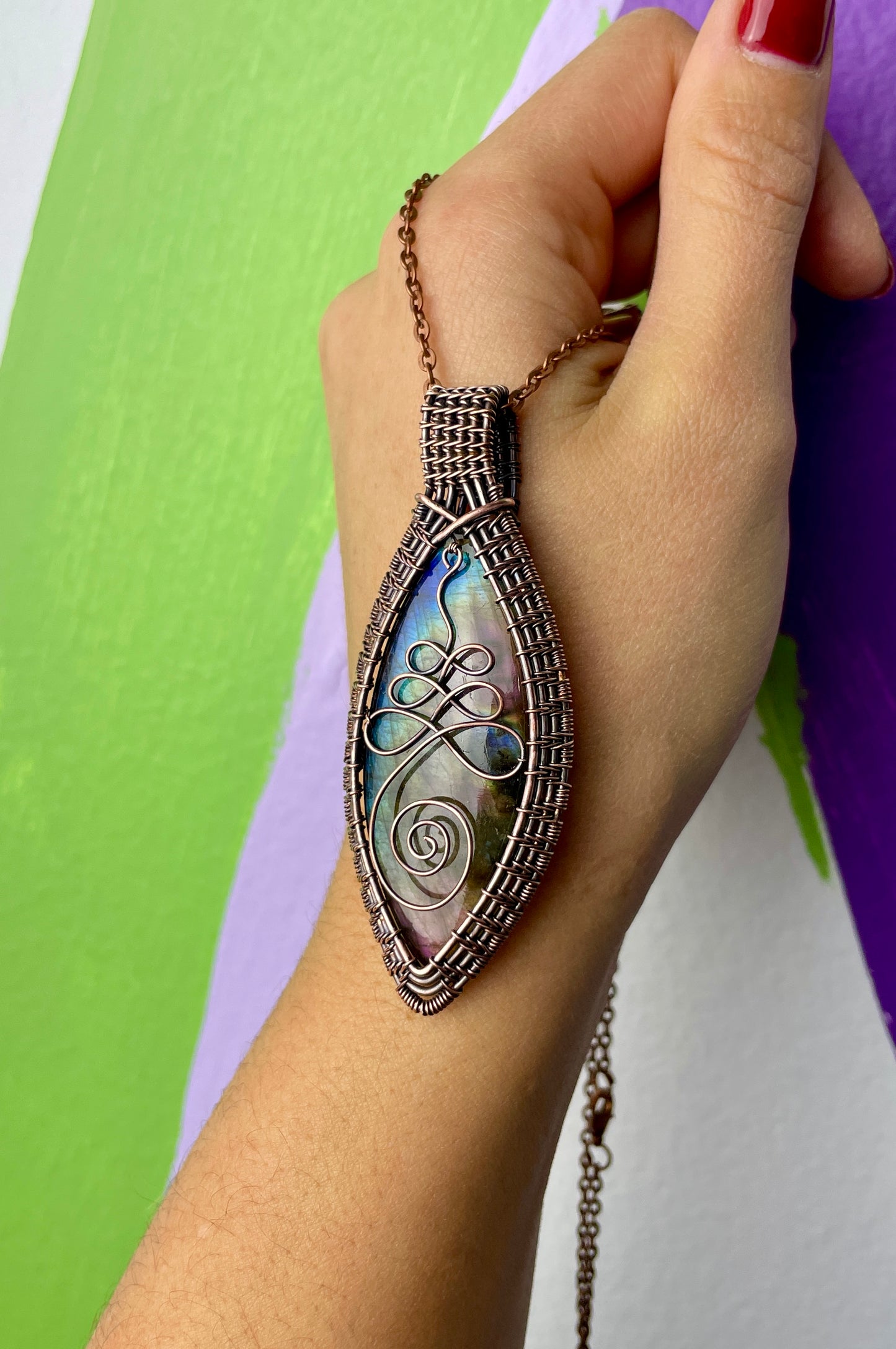 Labradorite Unalome Necklace in Antique Copper