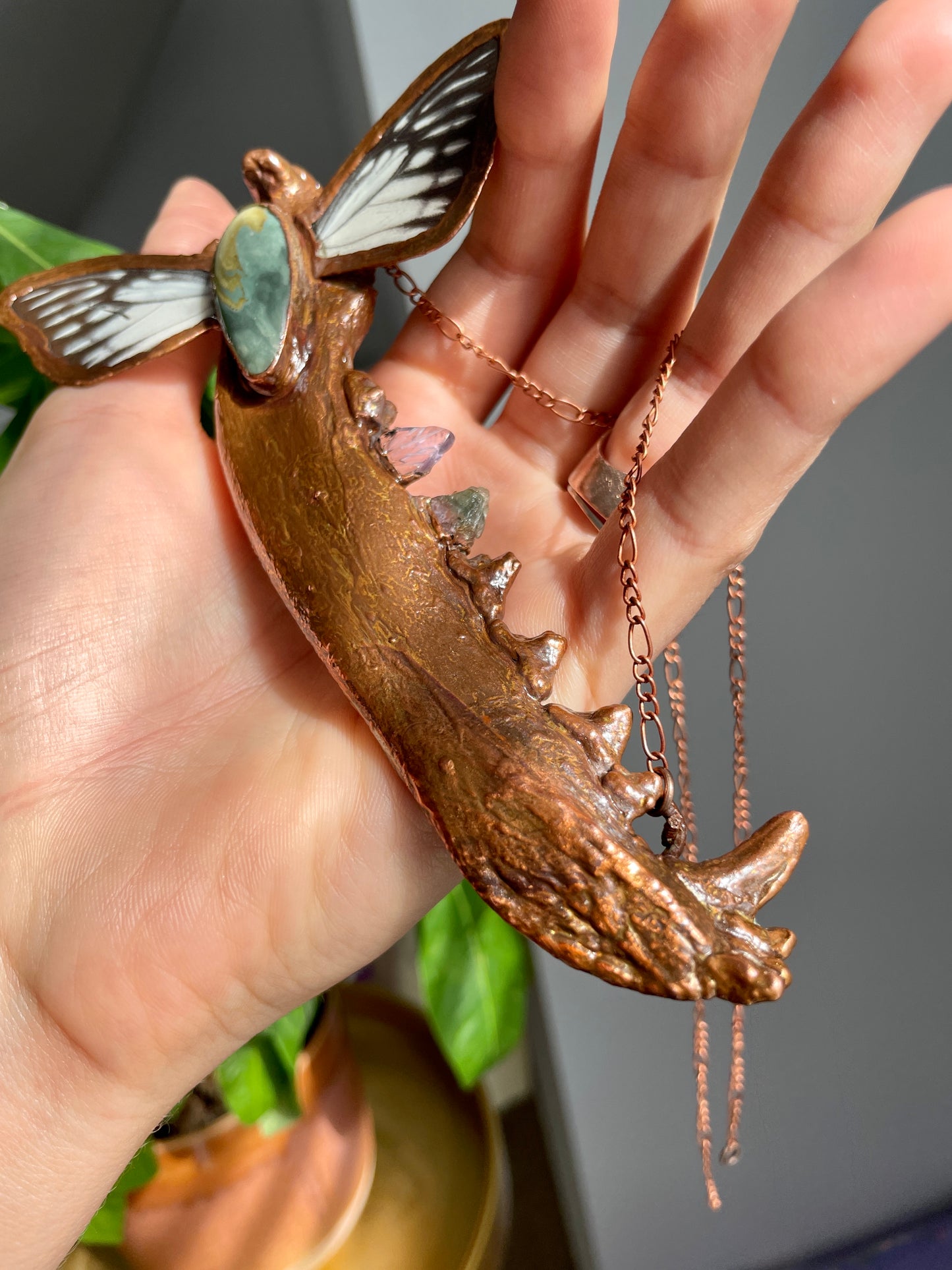 "As Above So Below" Necklace with Coyote Jaw, Tourmaline, Amethyst, and Butterfly Wings