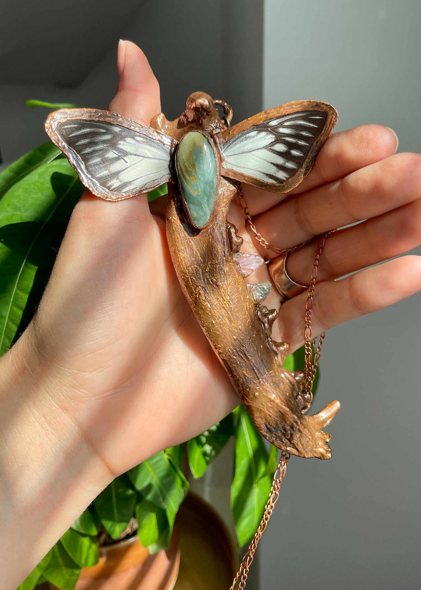 "As Above So Below" Necklace with Coyote Jaw, Tourmaline, Amethyst, and Butterfly Wings