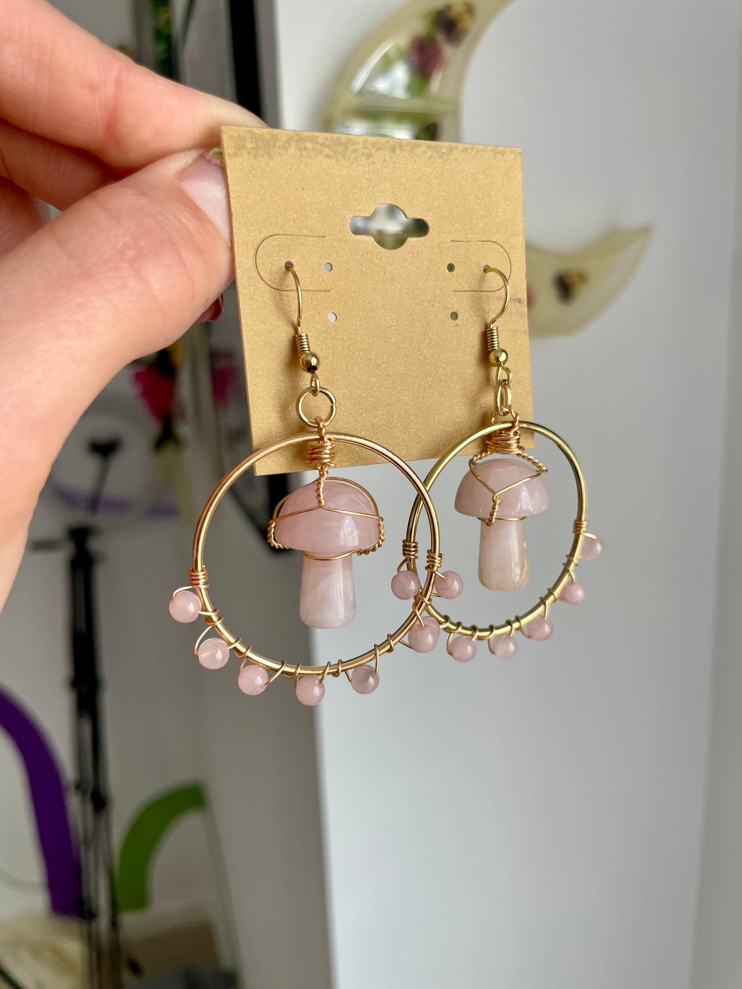 Golden Gemstone Mushroom Earrings