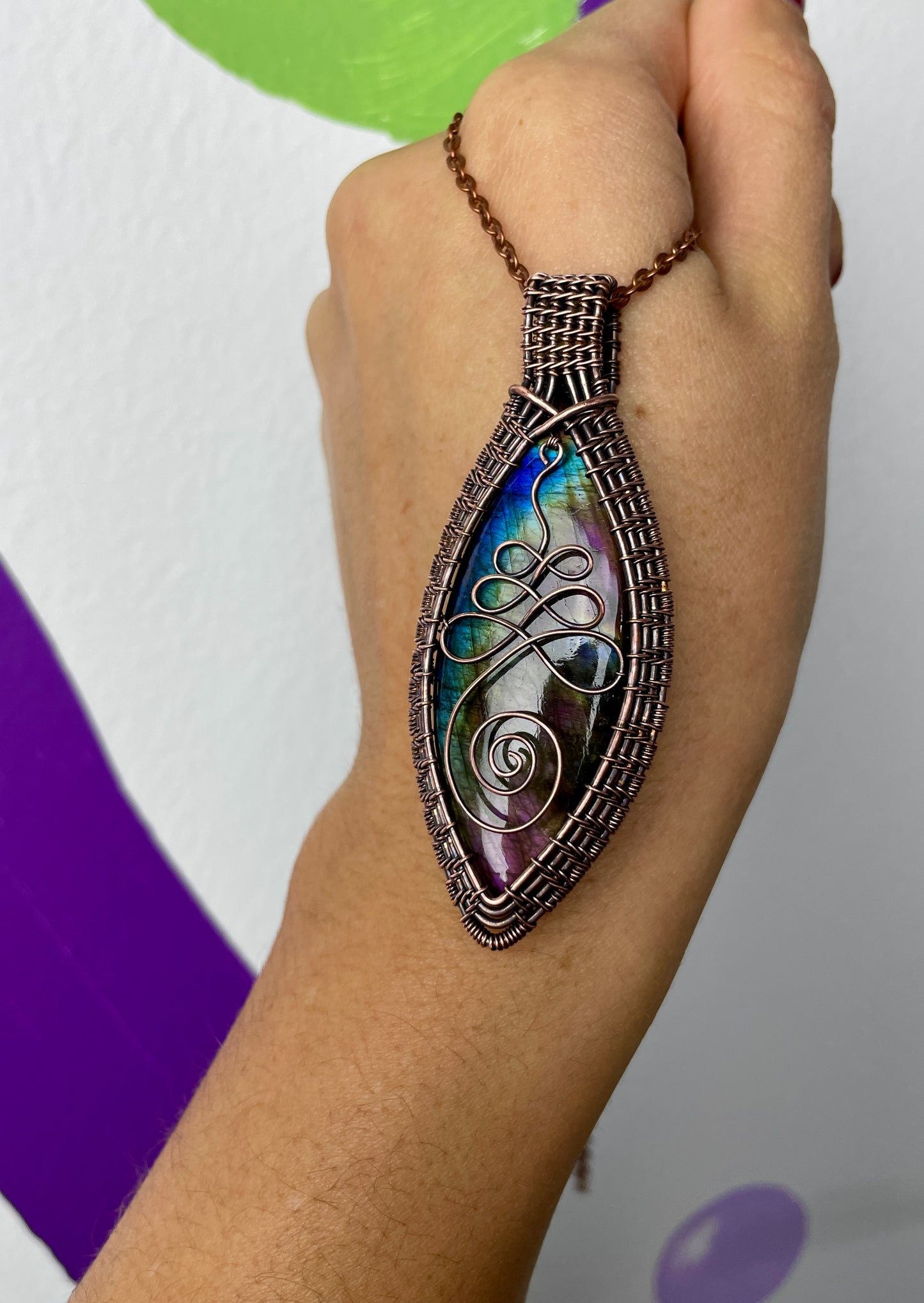 Labradorite Unalome Necklace in Antique Copper