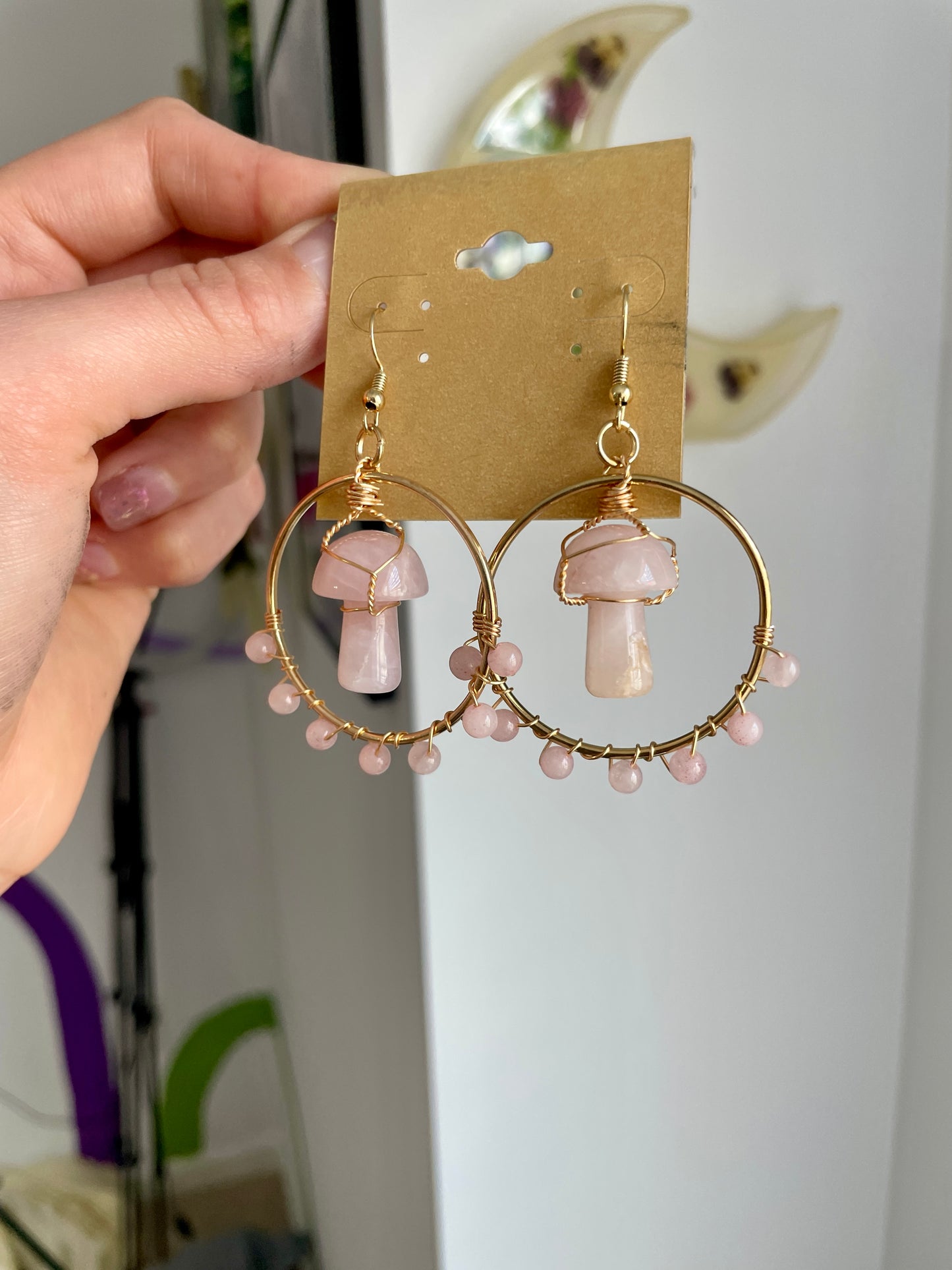 Golden Gemstone Mushroom Earrings