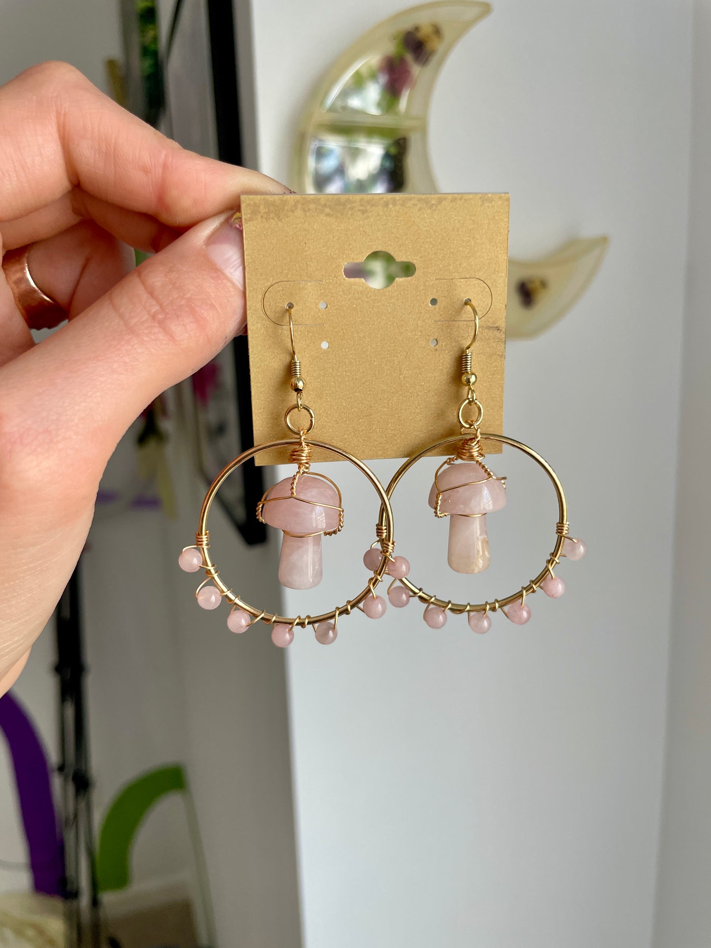 Golden Gemstone Mushroom Earrings