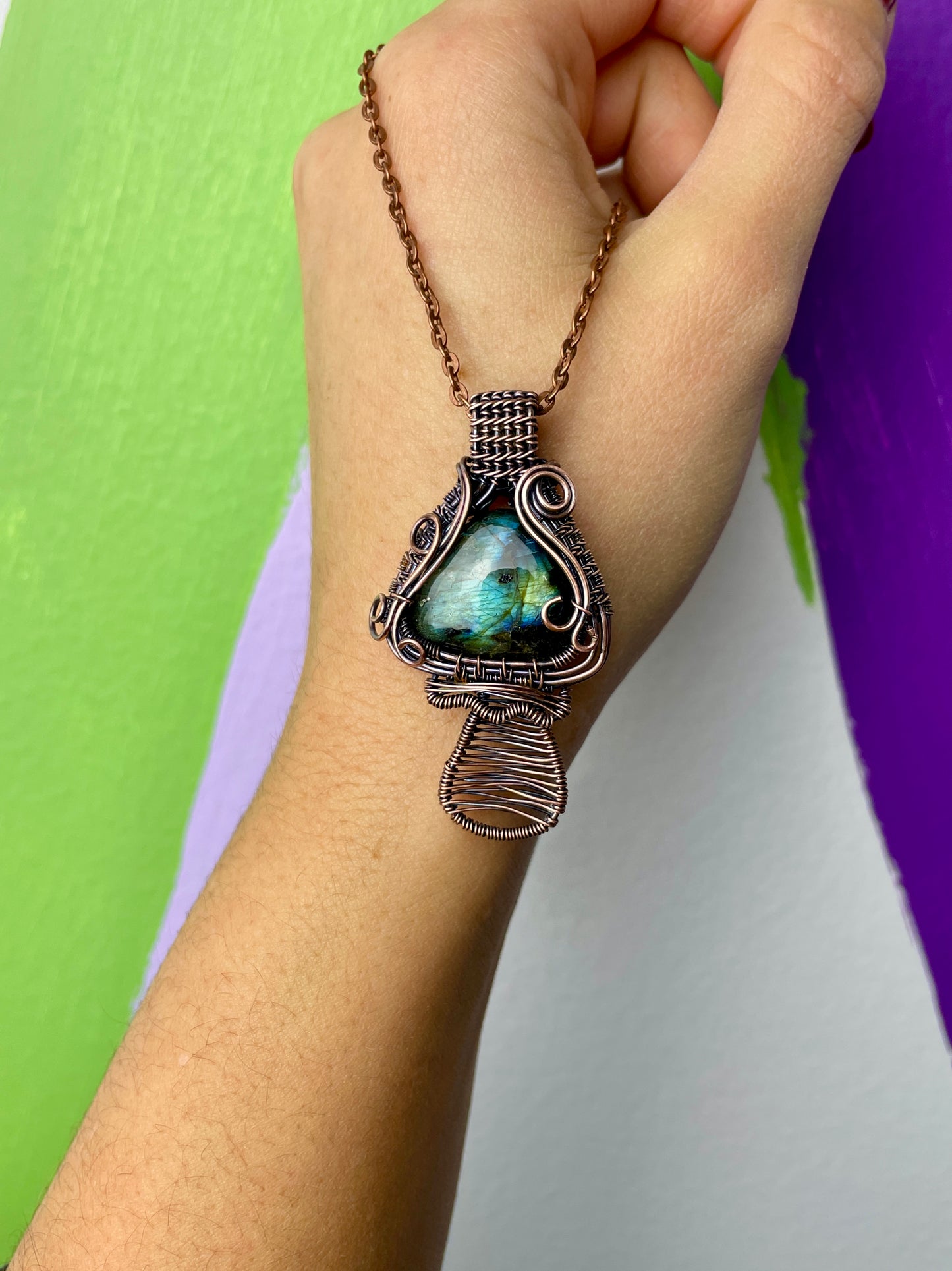 Labradorite Mushroom Necklace in Antique Copper