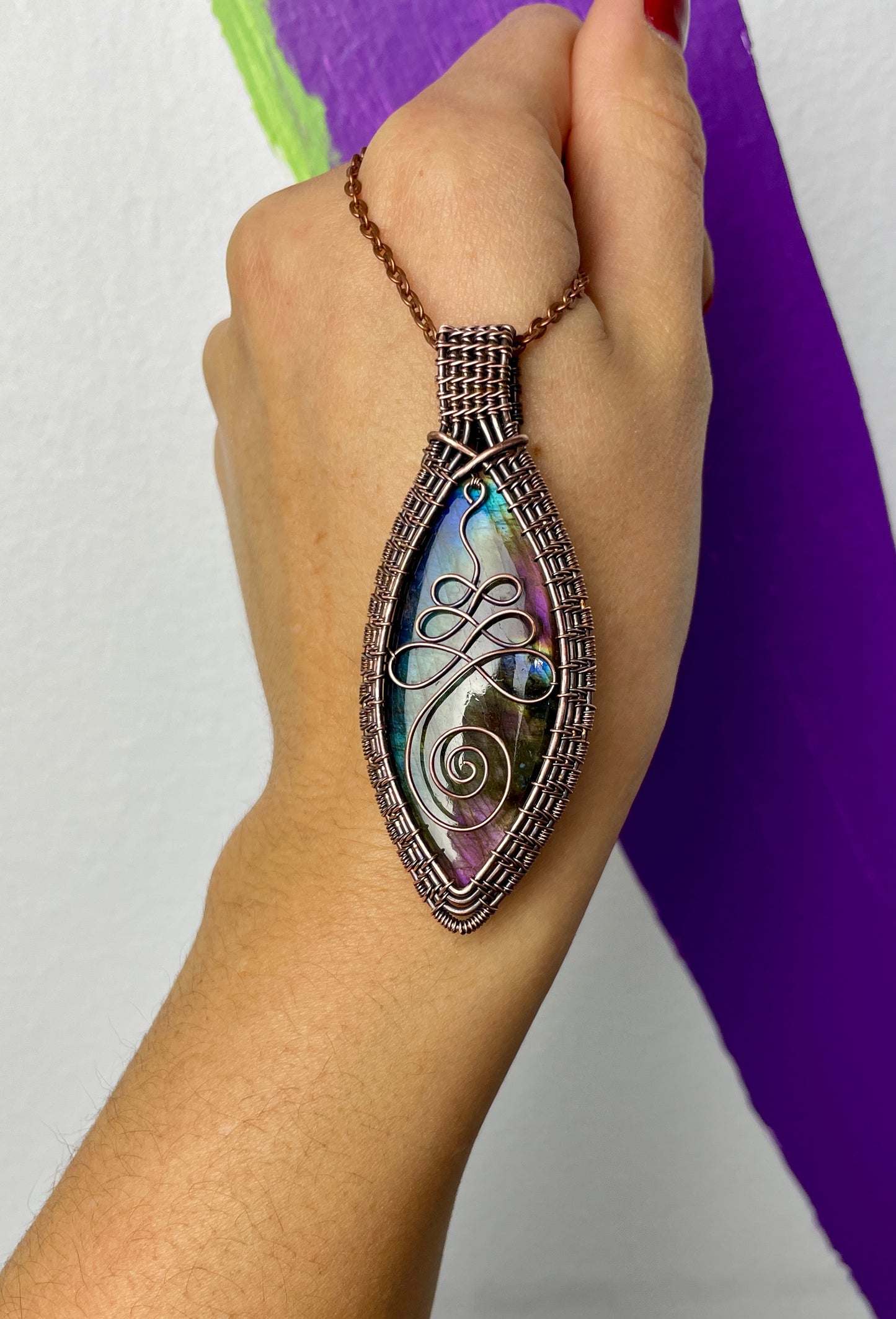 Labradorite Unalome Necklace in Antique Copper