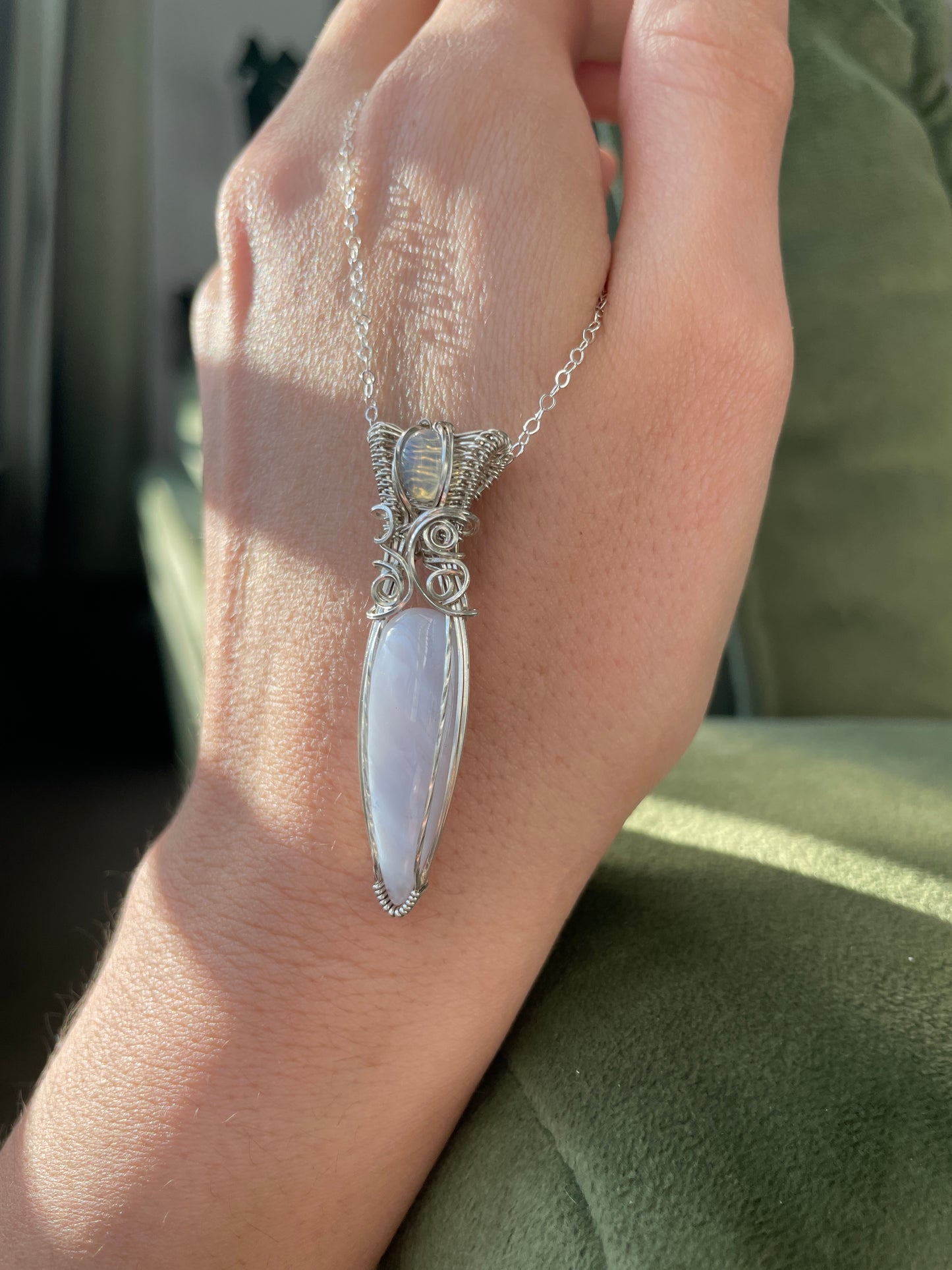 Fairy Dagger Blue Lace Agate & Ethiopian Opal Necklace in Sterling Silver