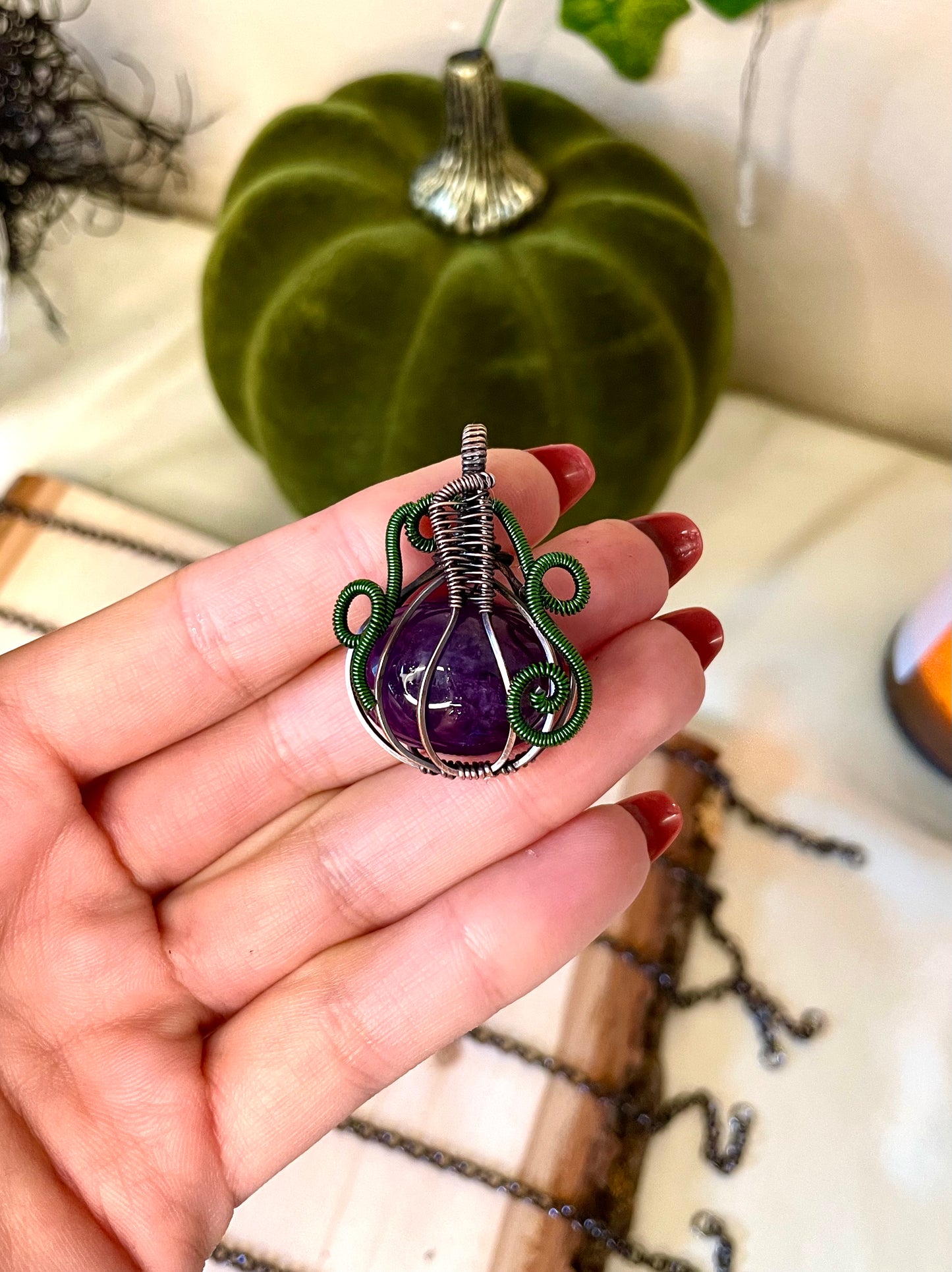 Cinderella Pumpkin Amethyst Necklace Wrapped in Copper