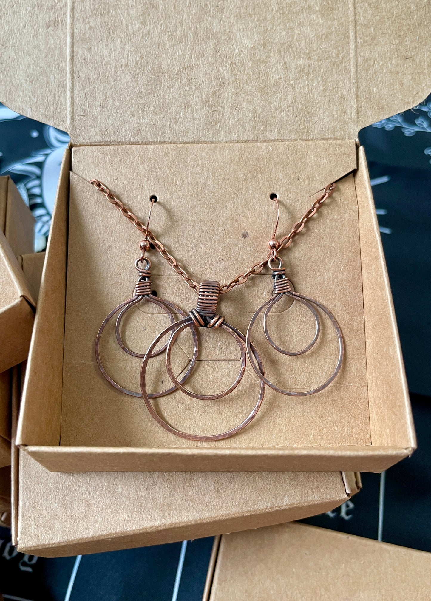 Hammered Double Circle Necklace and Earrings Set | 22" Antique Copper Chain & Stainless Steel Ear Wires | Zen Mind Crystals| Charity Donation