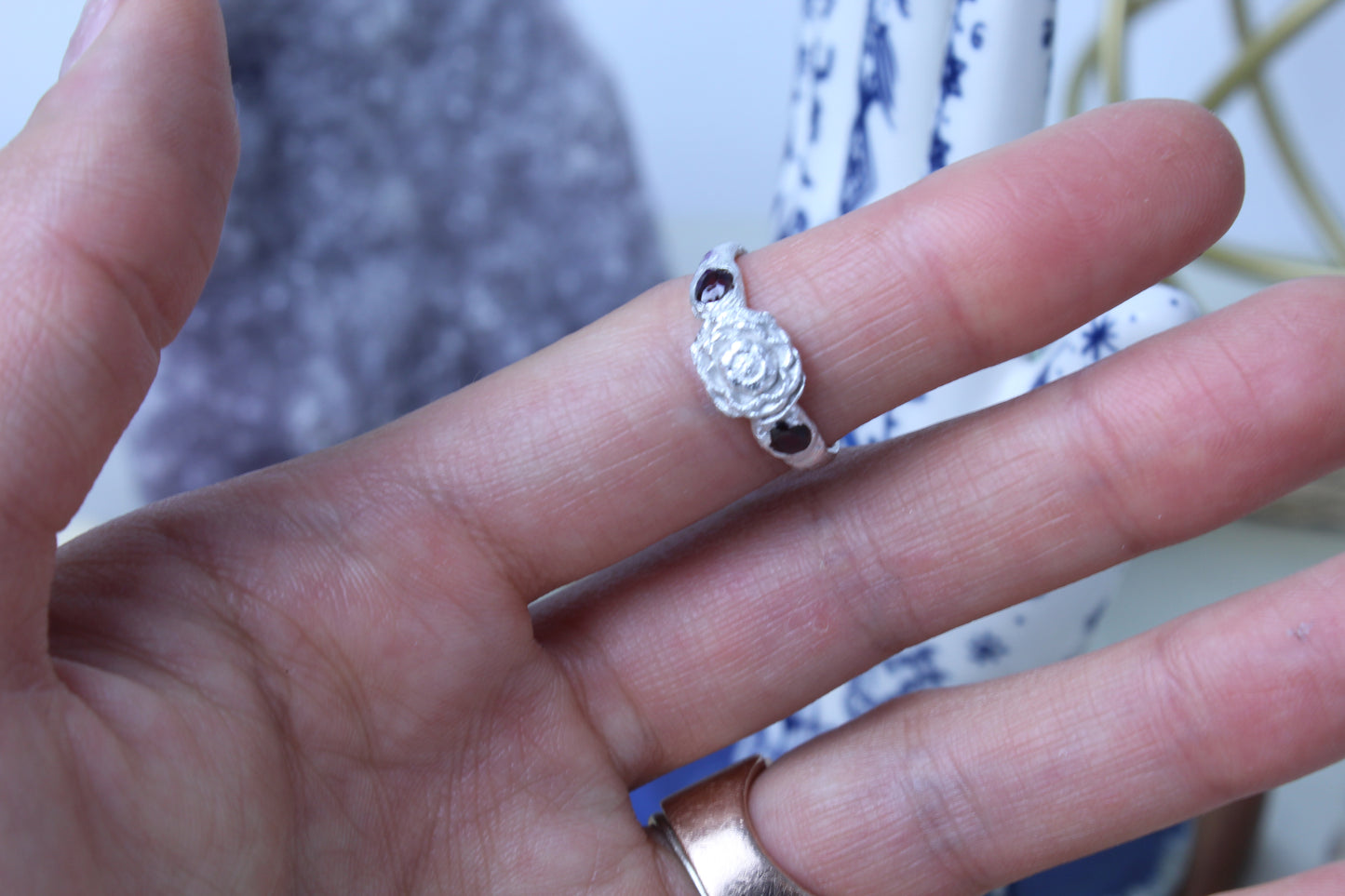 Garnet Flower Ring: Solid .999 Silver Clay