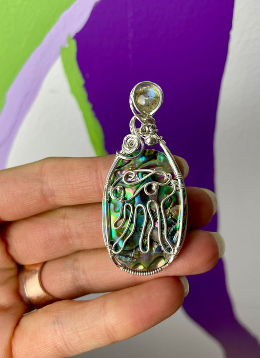 Jellyfish Pendant Necklace with Abalone Shell and Labradorite in Silver