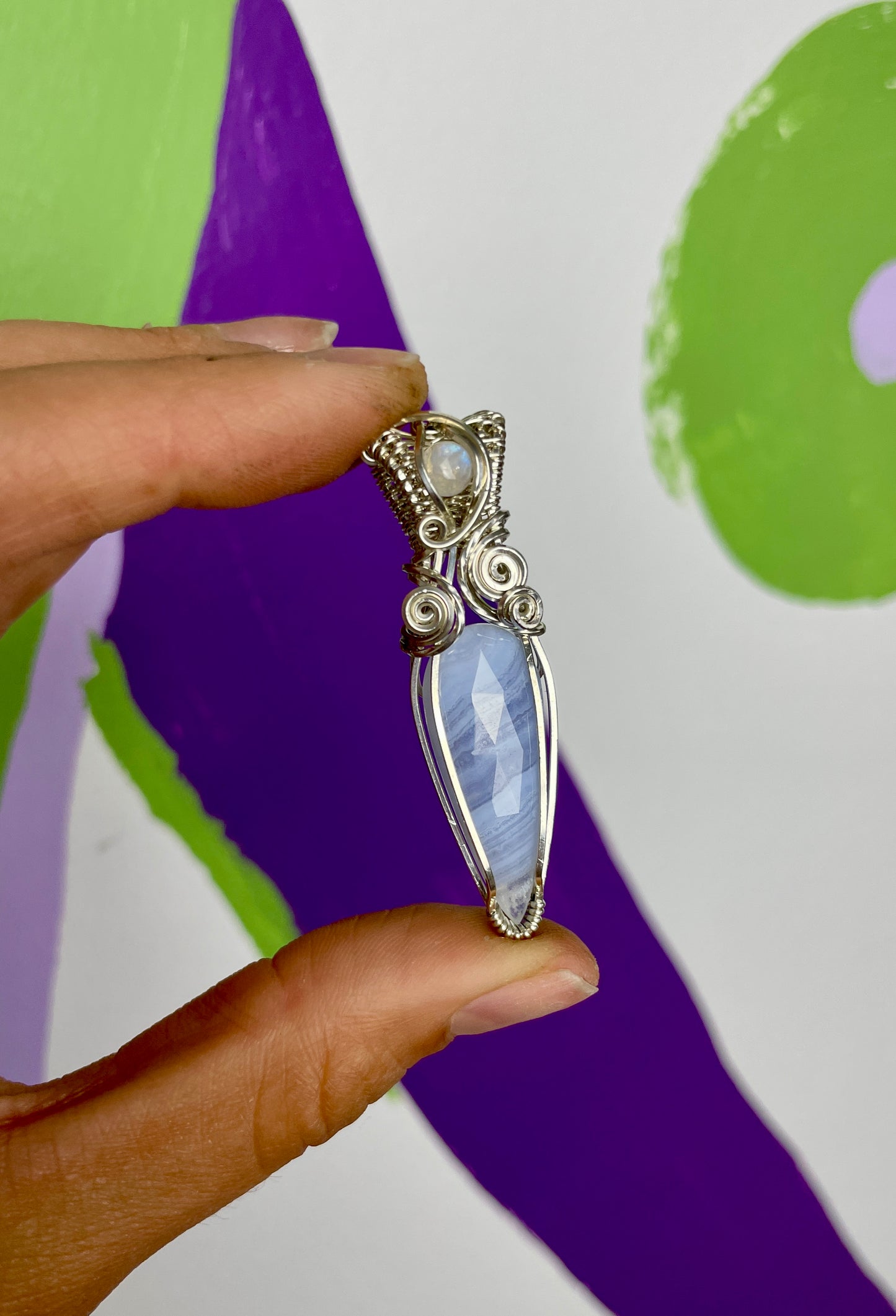 Blue Lace Agate & Moonstone Fairy Dagger: Sterling Silver Necklace