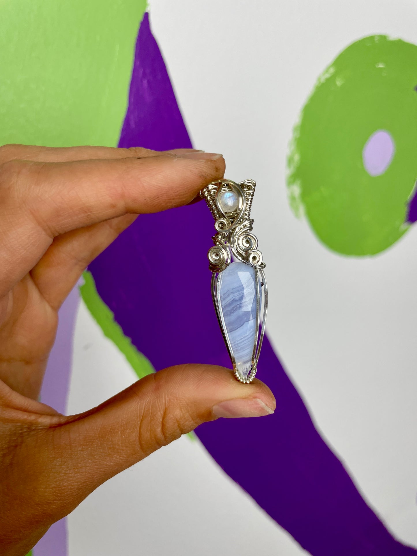 Blue Lace Agate & Moonstone Fairy Dagger: Sterling Silver Necklace