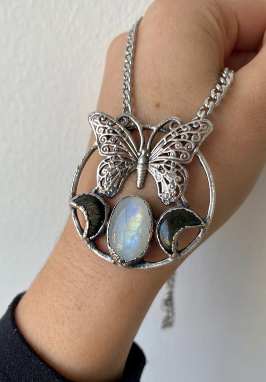 Triple Moon Butterfly Goddess: Moonstone & Golden Sheen Obsidian in Sterling