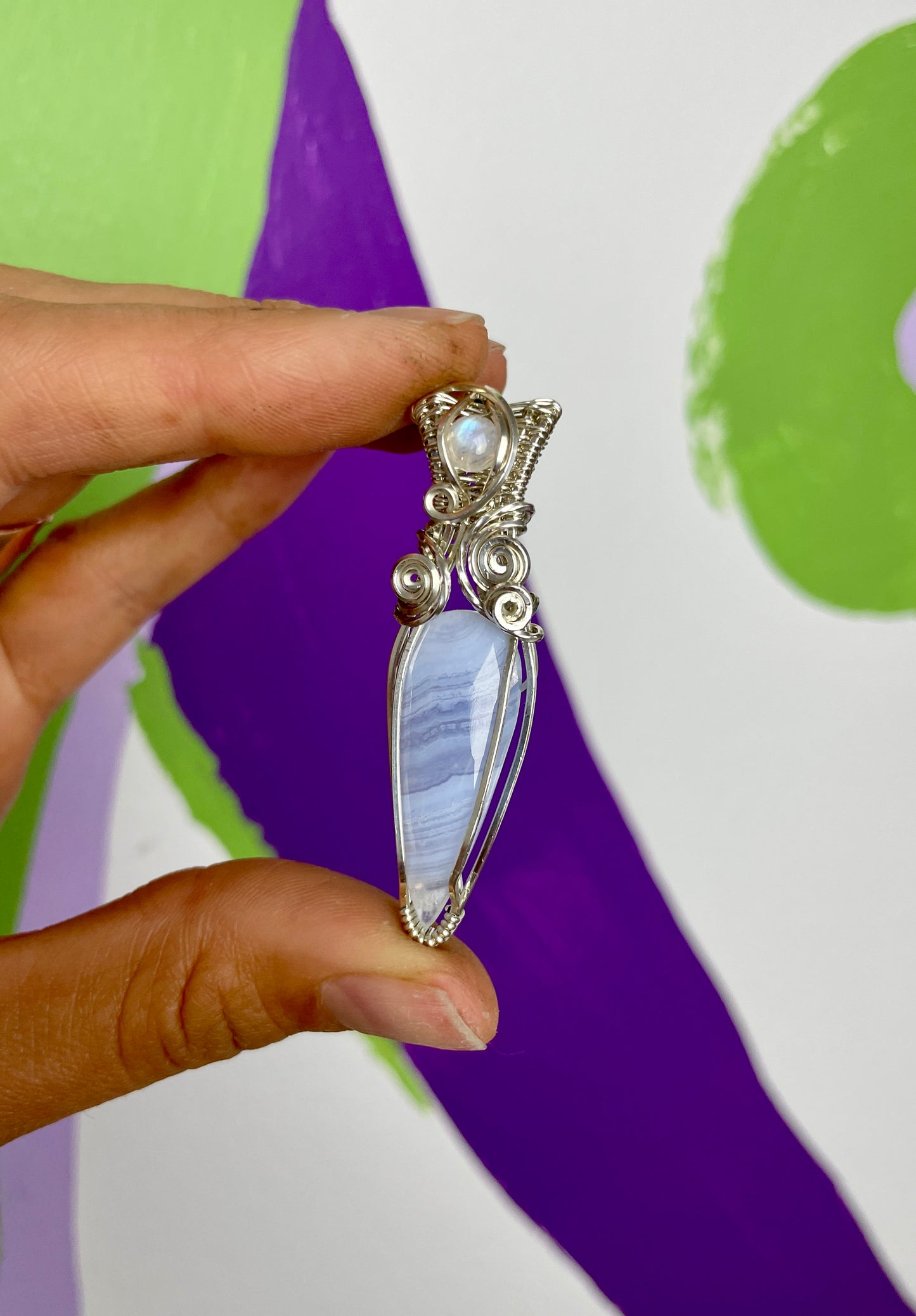 Blue Lace Agate & Moonstone Fairy Dagger: Sterling Silver Necklace