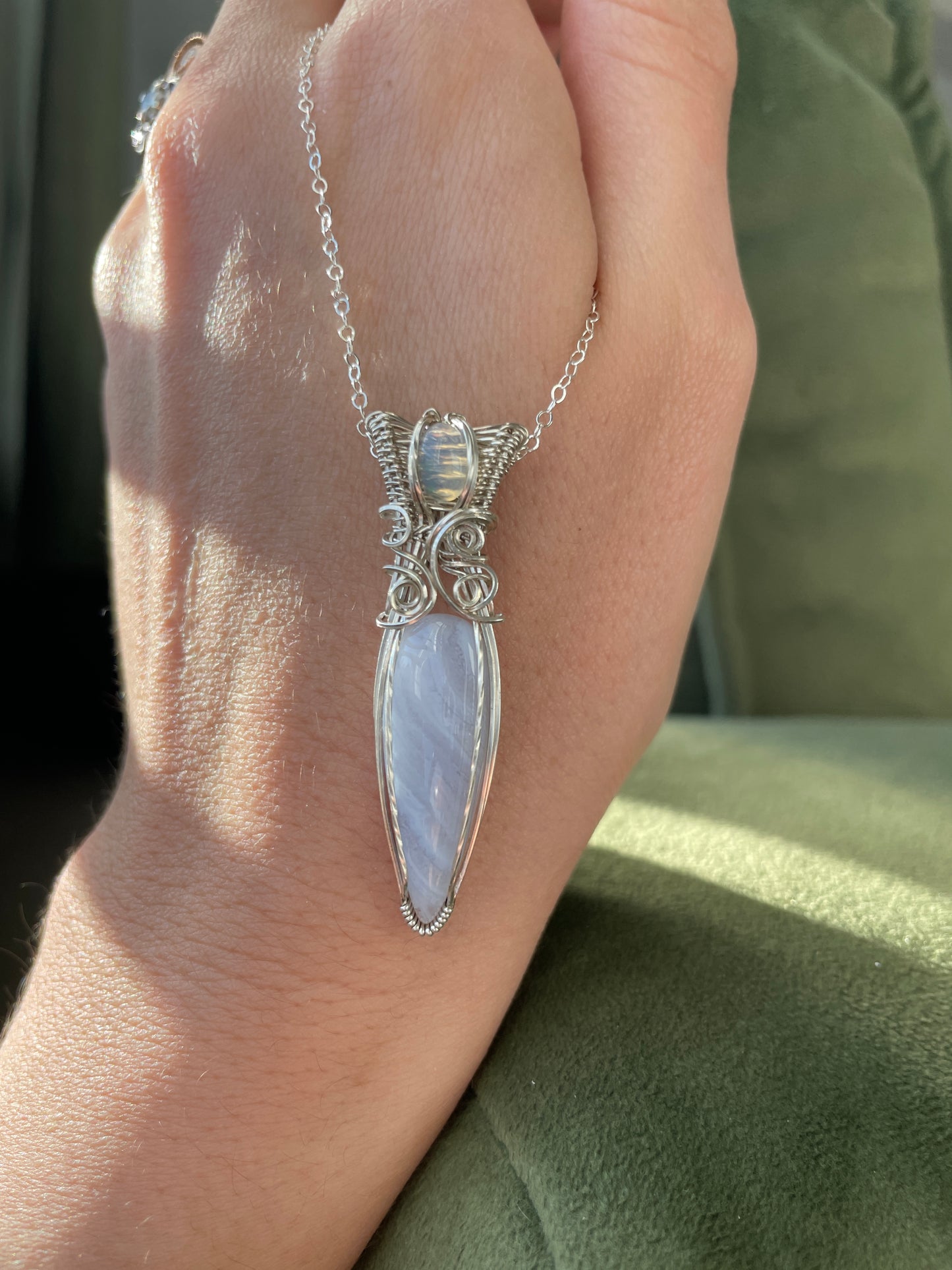 Fairy Dagger Blue Lace Agate & Ethiopian Opal Necklace in Sterling Silver