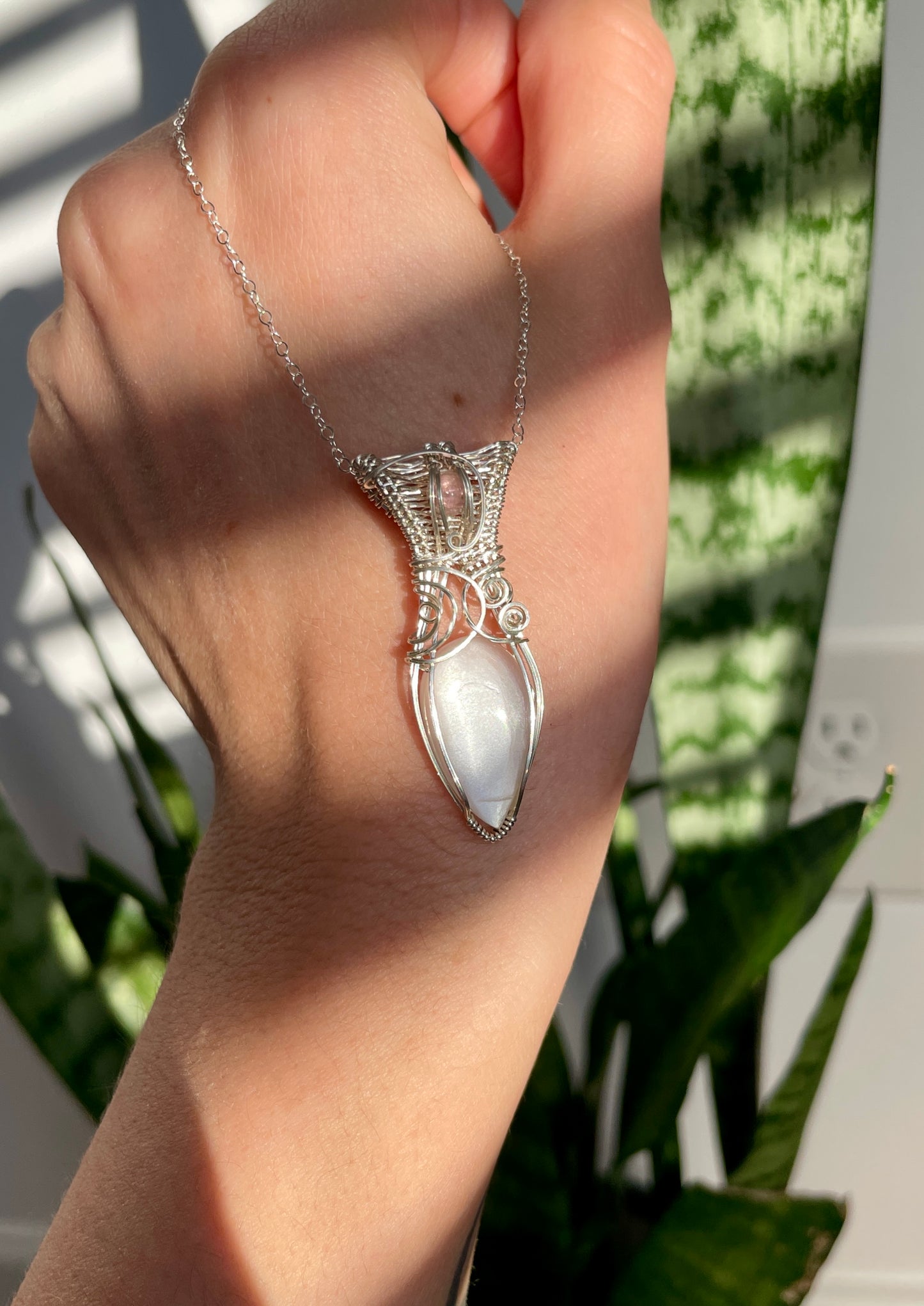 Fairy Clear Silver Moonstone and Pink Tourmaline Pendant in Sterling Silver