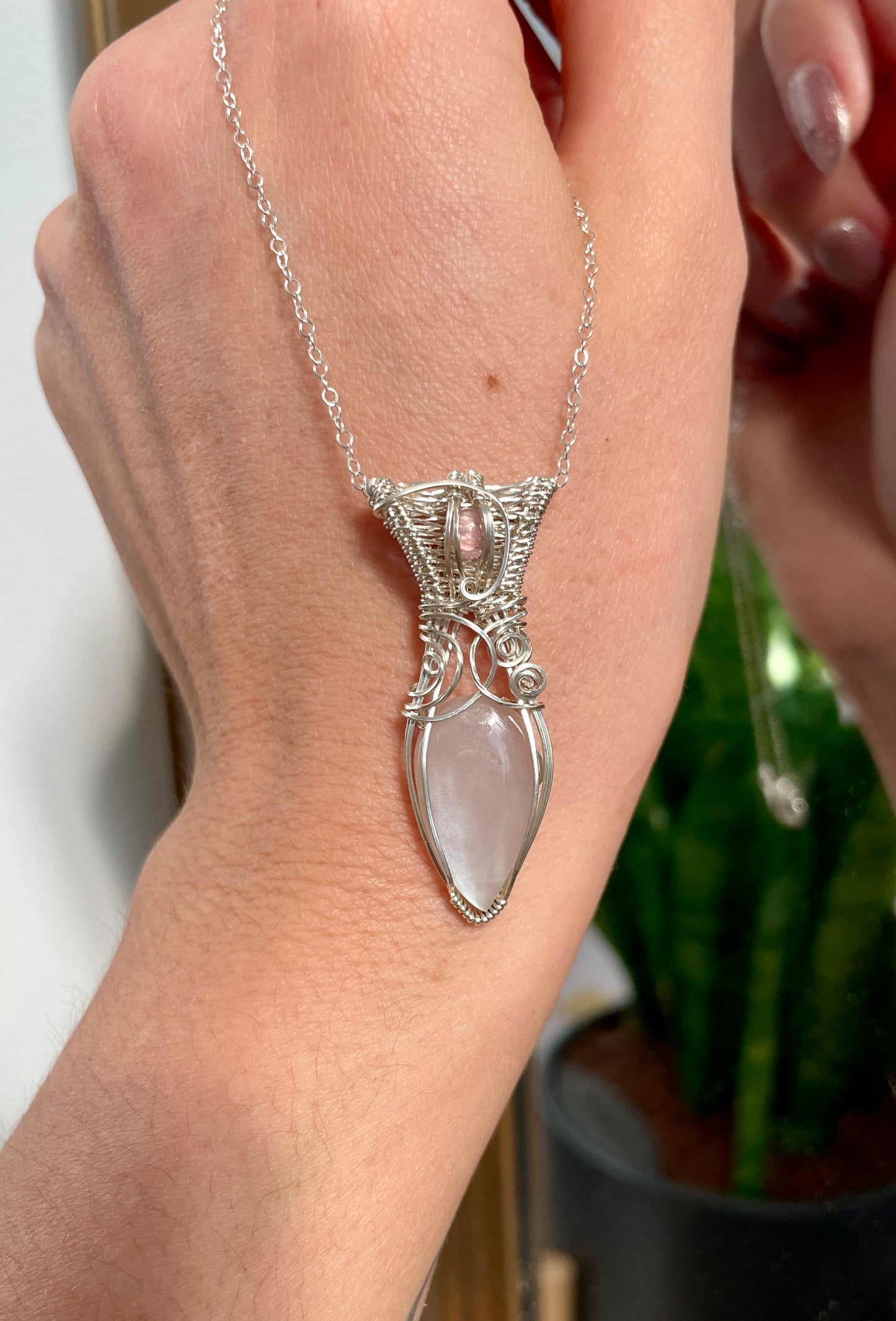 Fairy Clear Silver Moonstone and Pink Tourmaline Pendant in Sterling Silver